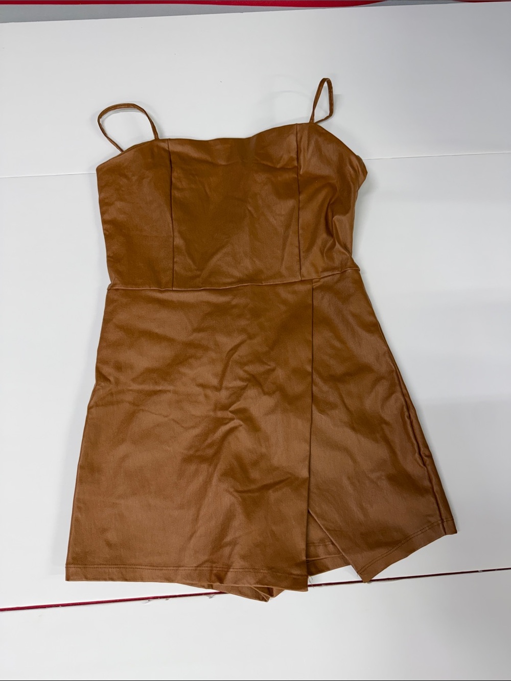 Altar'd State Tan Faux-Leather Spaghetti Strap Romper